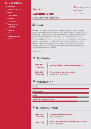 Coğrafya Öğretmeni CV Örnekleri cv indir